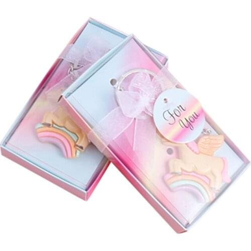 15 pcs creative party return gift Unicorn keychain Color double-sided metal key ring Rainbow pony pendant gift