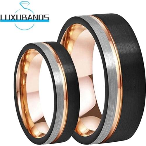 8MM Tungsten Wedding Band For Men Wemen Engagement Rose Gold Offset Line Black Brushed Finished Comfort Fit