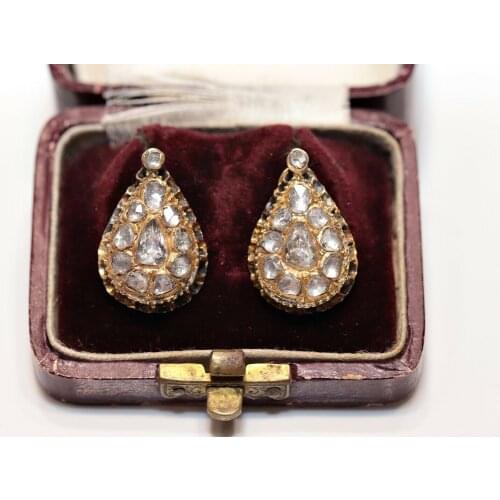 ANTIQUE ORIGINAL OTTOMAN 18K GOLD NATURAL ROSE CUT DIAMOND DECORATED EARRING
