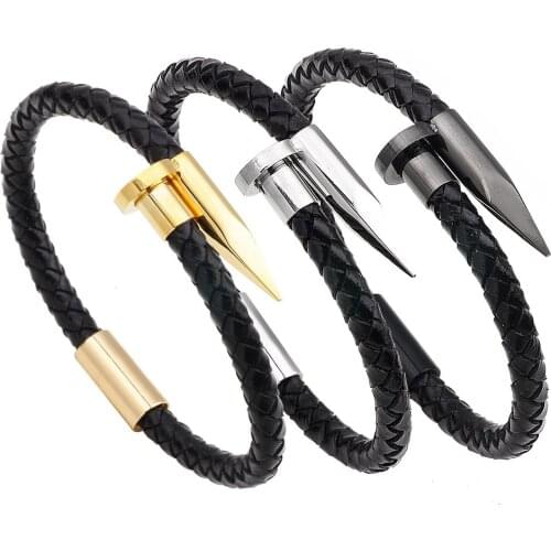 Stainless Steel Bangles For Men New Designer Handmake Weaving Leather Punk Hiphop Charms Nail Bangles Fashion Jewelry Love Gift
