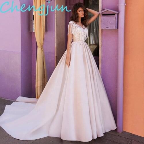 Chengjun High Quality Scoop Satin Wedding Dress Ball Gown Court Train Beaded Crystal Wedding Dress