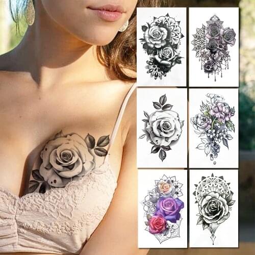 Black Rose Flower Temporary Tattoos For Women Girls Sexy Cherry Blossoms Tattoo Chest Back Henna Mehndi Chains Waterproof Tatoos