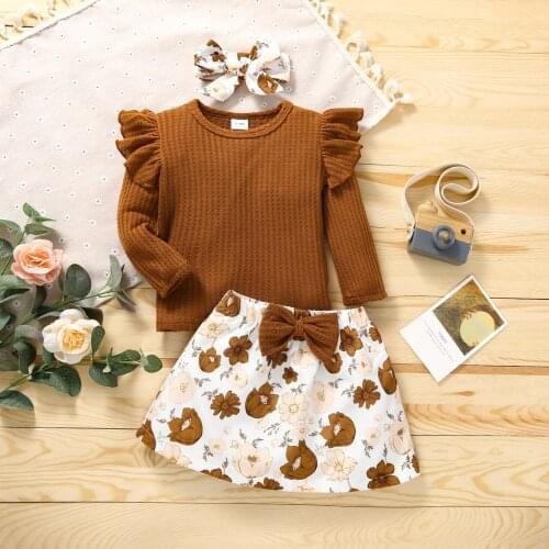 Citgeett Autumn Lovely Inafnt Baby Girls Clothes Sets Ruffles Long Sleeve Solid T-Shirts Flowers Printed Bow Skirts Headband Set