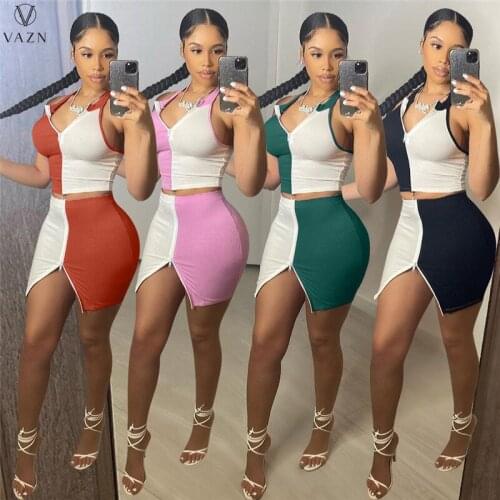 VAZN 2021 Hot Popular Patchwork Set High Street Tracksuit Top Short Pant Sexy Young High Waist Skinny Women 2 Piece Set