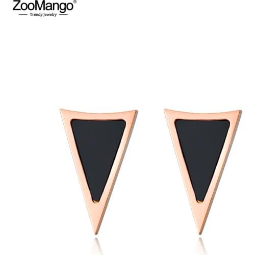 ZooMango Fashion Triangle Black Shell Stud Wedding Earrings For Women Stainless Steel Female Earrings Jewelry Brincos ZE17052