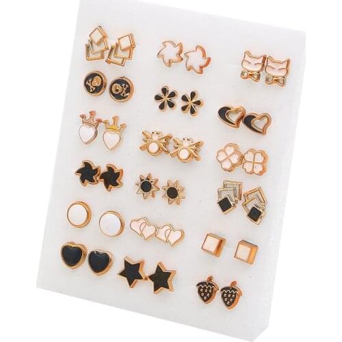 Mix Black White Color Enamel 18Pairs/Set Cool Skull Round Shape Cat Animal Windmill Flower Heart Stars Gold Plated Stud Earrings