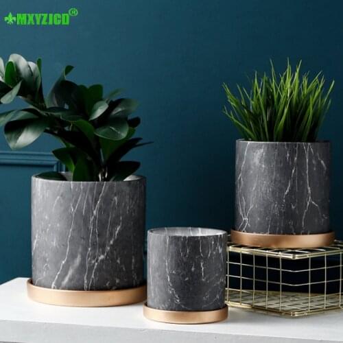 Marble ceramic flower Pot with tray flower Pot straight office flower Arrangement container home craft decoration garden planter