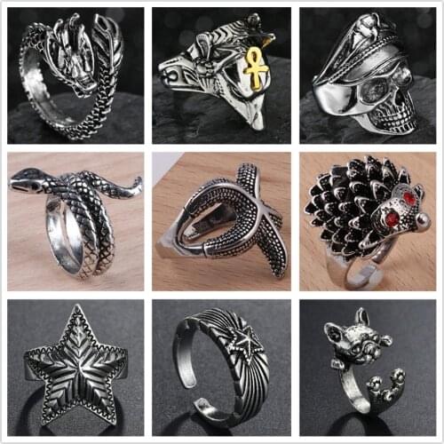 Vintage Gothic Hedgehog Snake Starfish Skull Ring Men Skull Head Skull Snake Dragon Men Ring Punk Jewelry Evil