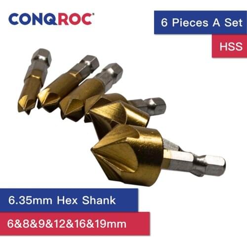 6 Pieces 90 Degree Titanium Coated Countersink Drill Bits Set 5 Flute 6～19mm Hex Shank Woodworking Chamfer Debur Drill Bits Kit