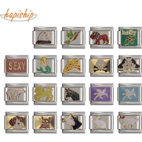 Hapiship 9mm Width Original Daisy Mermaid Unicorn Skull Dog Bear Leo Italian Charm Fit Bracelet Stainless Steel Link Making DJ42