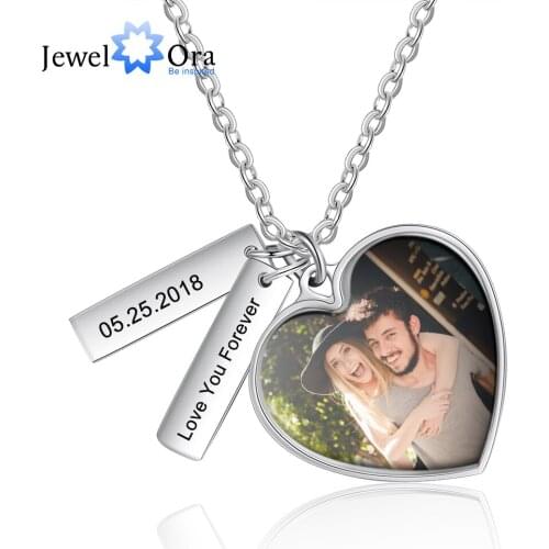 JewelOra Personalized Photo Necklace Heart Pendant Engraved Name Tags Custom Memory Photo Stainless Steel Jewelry Gift for Women