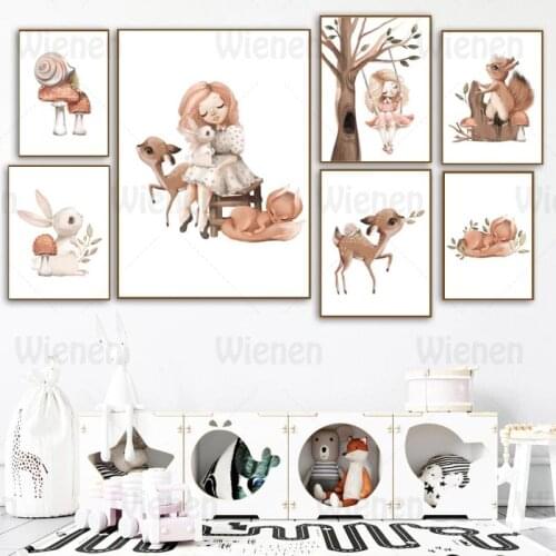 Nordic Posters Cartoon Cute Forest Girl Swing Rabbit Deer Fox Squirrel Mushroom Wall Art Canvas Prints Painting Nursery Decor