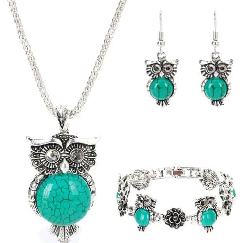 Retro Turquoise Owl Jewelry Sets 925 Silver Pendant Earring Bracelet Necklace Fashion Chain Handmade Amulet Gifts for Her Woman