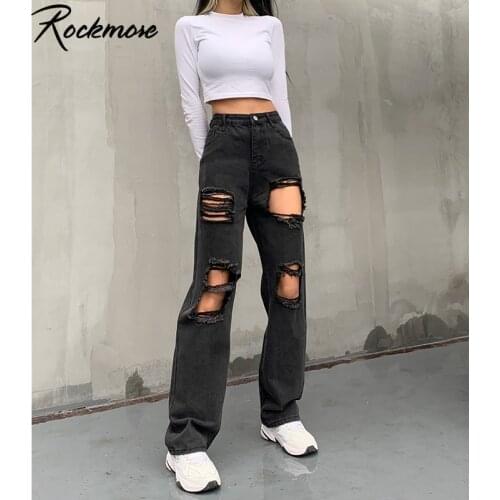 Rockmore Hole Ripped Distressed Jeans Woman Vintage Casual Plus Size High Waist Pants Capris Straight Denim Trousers S-XXL