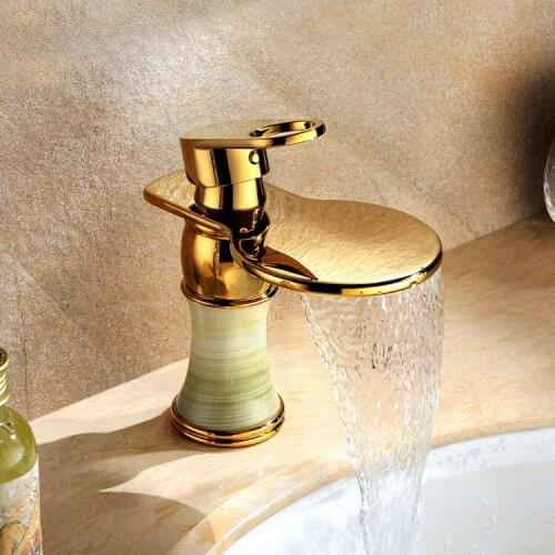 Luxury brass jade gold finished bathroom sink waterfall faucet golden basin Hot and cold water mixer tap faucet--5314