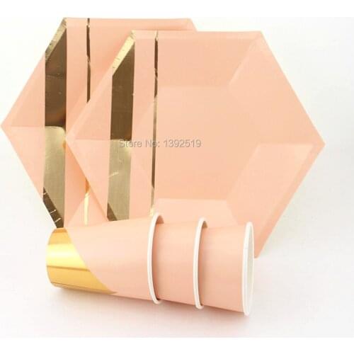 Blush Pink & Foil Gold Hexagon Paper Plates Cups Dinner Dish for Wedding Bridal Shower Bachelorette Party First Birthday