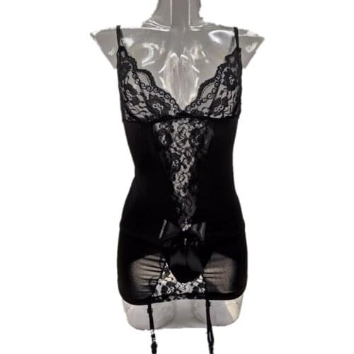 Sexy Lingerie V-Neck Lace Sexy Dress With G string Garter WomenTransparent Sex Underwear Erotic Babydoll Sleepwear Exotic Costum