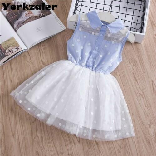 Girls Blue Dress Sleevless Dot Casual Summer Dress Baby Girls Dress Multi Yarn Mesh Dress Clothes Children Clothing