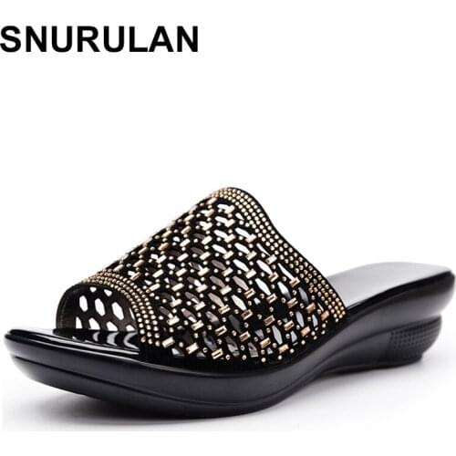 SNURULANWomen slippers 2020 ladies summer genuine leather slippers shoes women high heels fashion wedge summer shoes