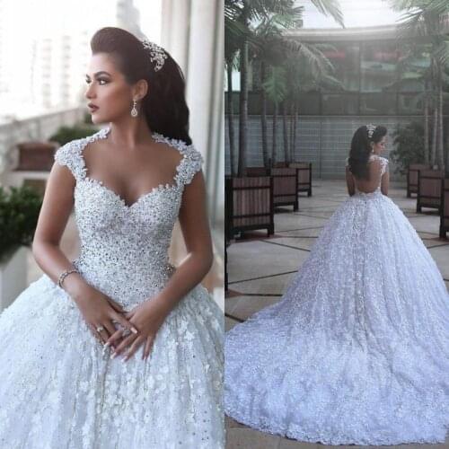 Vestidos De Noiva Luxury Arabic Wedding Dresses Said Mahamaid Capped Sleeves Open Back Sequins Floral Cathedral Bridal Gown