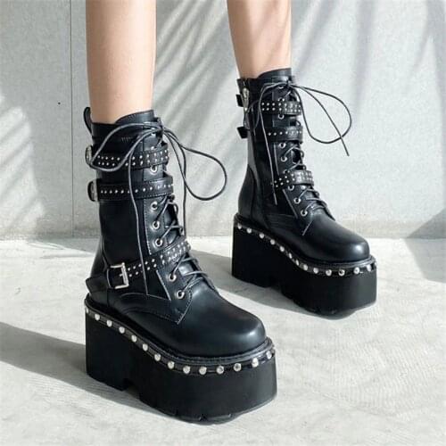PXELENA Buckle Rivet Studded Combat Motorcycle Biker Chunky Block Thick Sole Platform Punk Gothic Boots Women Winter Shoes 2021