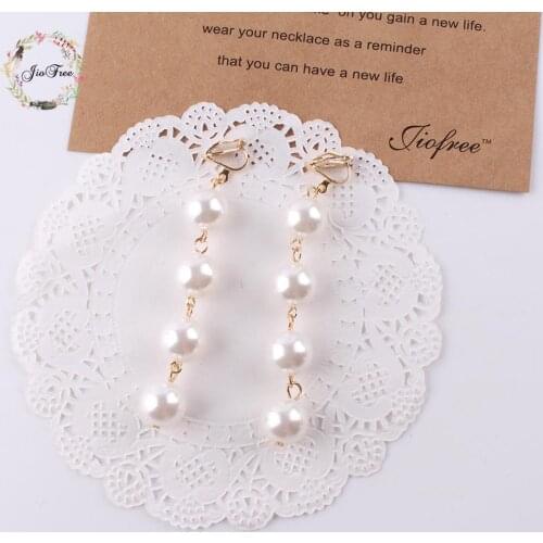 Fashion imitation pearl Bohemian OL temperament Long earring clips no pierced retro long section tassel female earrings jewelry