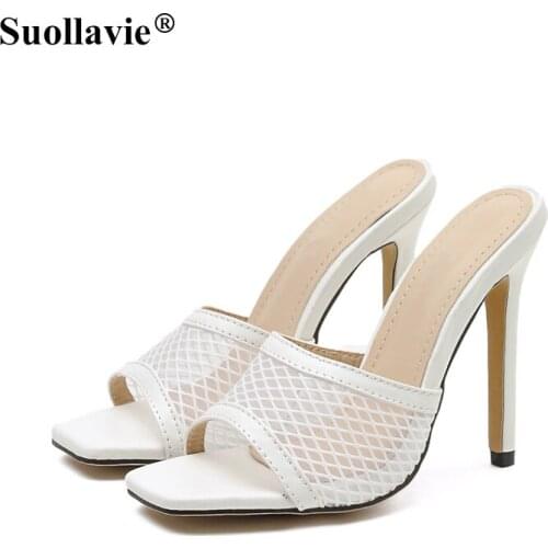 New Sexy PU Flip Flops Slippers Women Fashion Outer Wear Square head High Heel Slip On Stiletto Slides Summer Mules Shoes