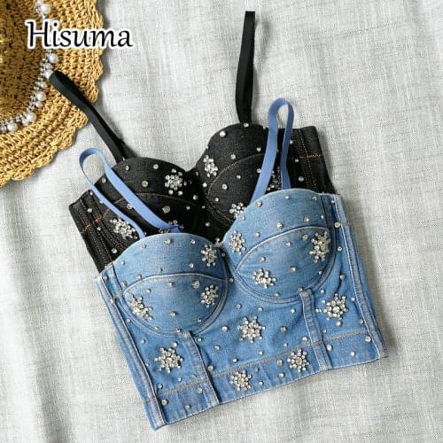 2021 new women V-neck strap beading rhinestones denim camisole Tube top bra one pcs belt pad wireless Corset female underwear