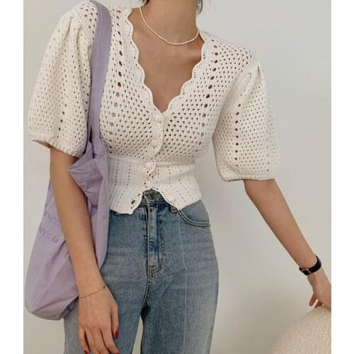 RUGOD 2021 Western style retro puff sleeve hollow chain link flower short sweater women