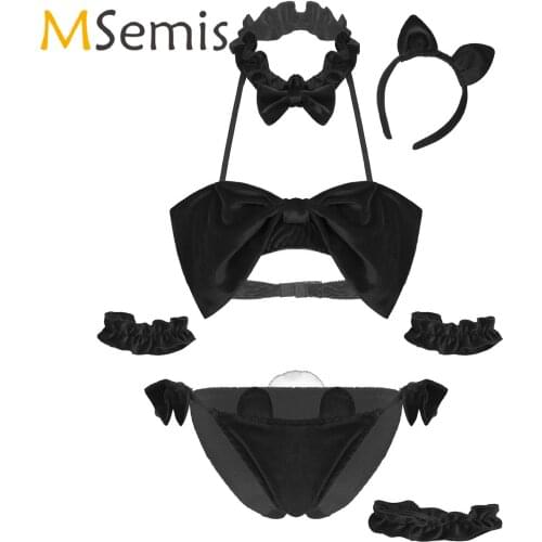 Womens Erotic Lingerie Suit Bunny Girl Role Play Sex Costume Velvet Bowknot Bra Briefs with Headband Neck Ring Bracelet Leg Ring