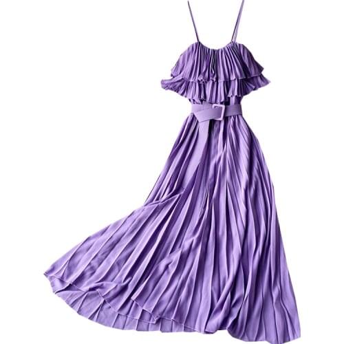 New Summer Beach Vacation Women Sexy Off Shoulder Spaghetti Strap Belt Slim Long Dress Sweet Chiffon Pleated Dress