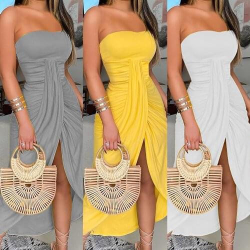 WomenS Dress New Summer Simple Solid Color Tube Top Strapless Long Section Discreetly Split Nightclub Sexy Dress платье 50