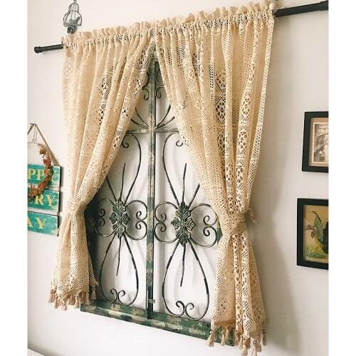 100% cotton thread crochet short kitchen curtains with tassel retro pastoral hollow out knitted beige шторы cortinas window deco