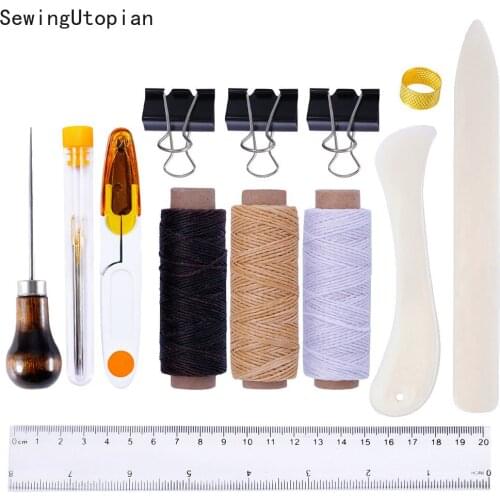 19PCS Handmade Multifunctional Leather Craft Hand Stitching Sewing Tool Thread Awl Thimble Kit Sets DIY Leather Working Tools