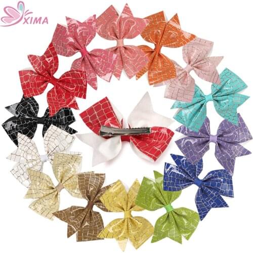 XIMA 14pcs/lot 4.5"Handmade Leather Hair bows PU Bows with Clip for Kids Hairpins Hair Accessories Mix Colors
