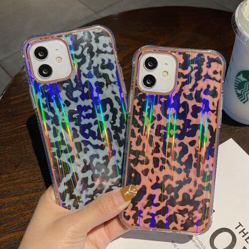Leopard Print Glitter Gradient Rainbow Laser Phone Case For iPhone 12 11 Pro XR XS Max X 7 8 Plus Mini Soft Milk Cow Back Cover