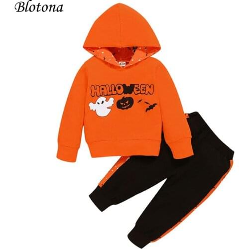 Blotona 2Pcs Kids Halloween Tracksuit, Letters Hooded Long Sleeve Sweatshirt + Splicing Casual Pants for Boys, Girls, 1-4Years
