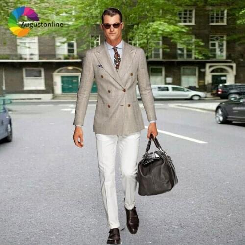 Double Breasted Beige Men Suits for Wedding Suits for Man Blazer 2Piece Jacket White Suit Pants Vest Slim Fit Groom Tuxedos Prom