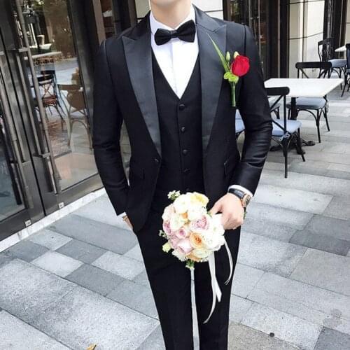 Fantastic One Button Black Groom Tuxedos Groomsmen Peak Lapel Mens Suits Blazers (Jacket+Pants+Vest+Tie) W:1184