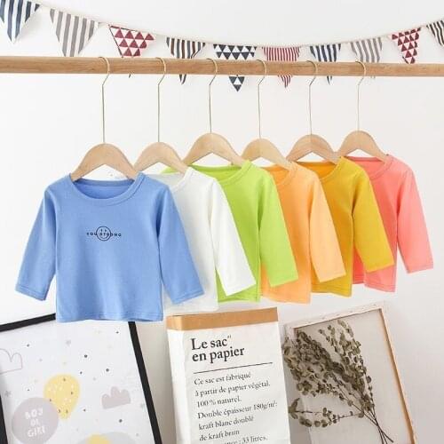 2021 New Baby Boys Girls Long-sleeved T-shirt Childrens Clothes Spring Autumn Solid Print Tee Baby Cotton Bottoming Shirt Top