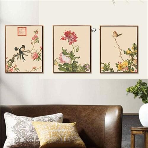 Canvas Painting Animal Posters Chinese Traditional Flower and Bird Retro Plant Decorative Painting Wall Art Picture Home Decor