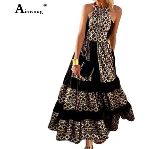 Aimsnug 2021 Summer Vintage Leopard Print Loose Beach Dress Women Sexy Halter Retro Dresses Fashion Elegant Long Maxi Dress