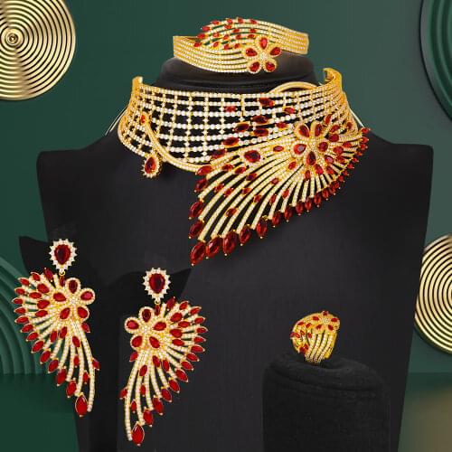 Missvikki Luxury Gorgeous 4pcs Trendy Noble Feather Necklace Bangle Earrings Ring Jewelry Sets For Women Wedding High Quality