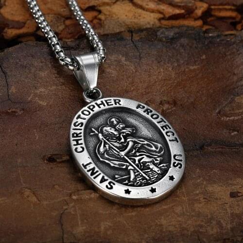 Mens Pendant Saint Christopher Protect Us Circle Old Walking Stick Chain Pendants Titanium Steel Alien Shaped Ornament