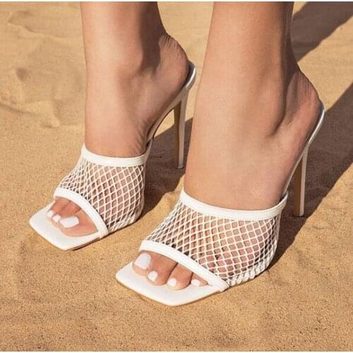New Sexy PU Square head Peep Toe High Heel Mesh Slippers Summer Fashion Slip On Thin Heels Slides Women Mules Party