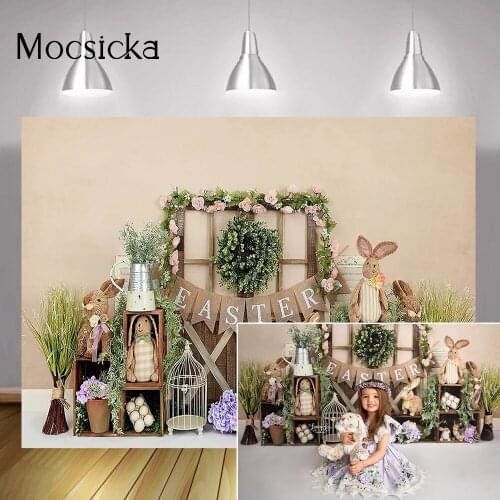 Easter Spring Raibbit Portrait Background Flowers Bunny Birthday Backdrop Photography Easter Eggs Vintage Door Spring Photocall