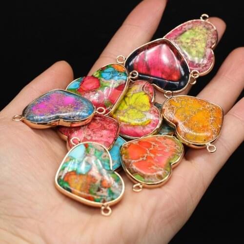 Natural Stone Heart Shape Colorful Emperor Stone Connectors Pendants for Jewelry Making DIY Necklace Women Gift Size 26x38mm