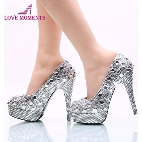Rhinestone Wedding Shoes Silver Crystal Platform High Heel Women Shoes Wedding Dress Bridal Shoes Gorgeous Bridesmaid Pumps