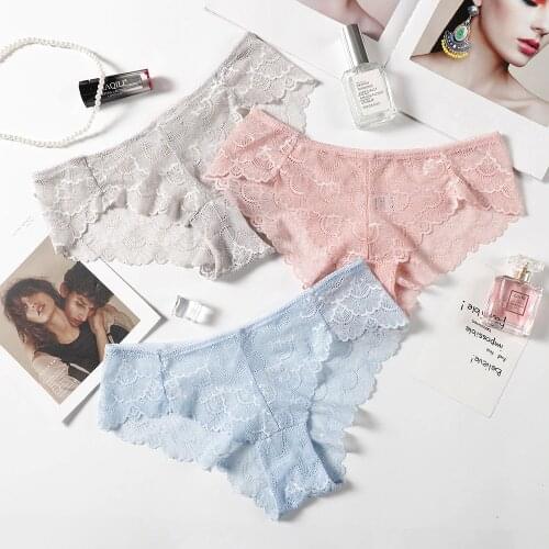 3PCS Sexy Lace Panties Solid Soft Breathable Briefs Seamless Women Underwear Ladies Panty Transparent Tempting Low-Rise Lingerie