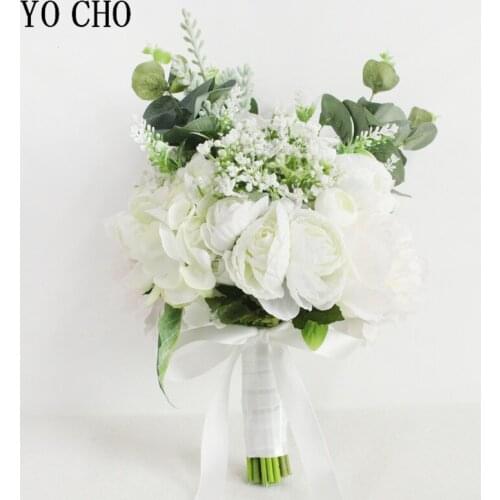 YO CHO Artificial Flower Bouquet Wedding Bride Holding Flowers White Silk Rose Peony Mixed Bouquet Flower Girl Wedding Decor